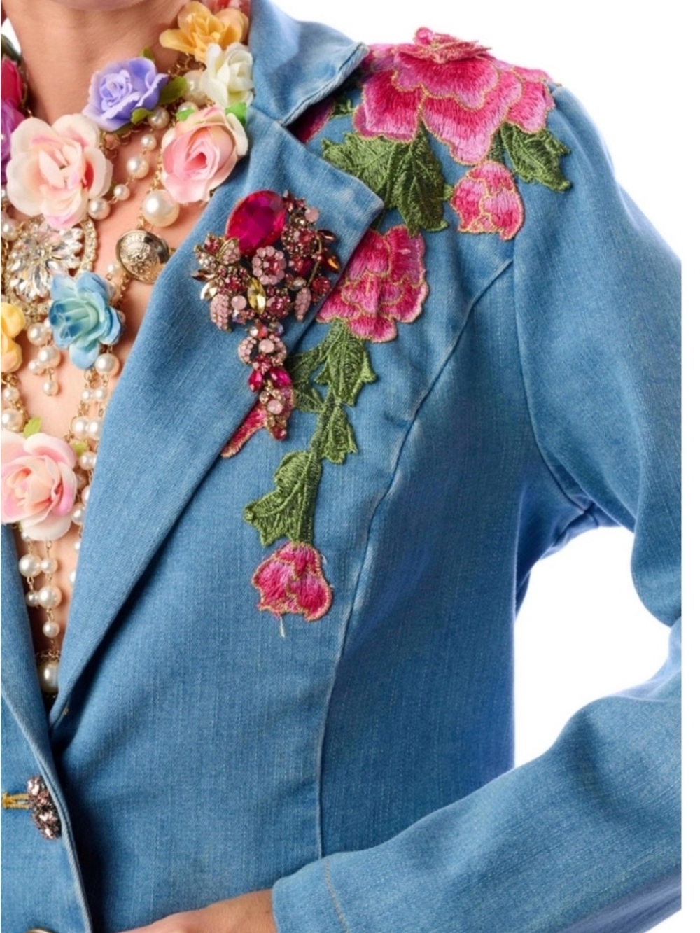 Aratta Silent Journey Montecarlo Blue Denim Blazer with Pink Floral Patch - Picture 3 of 10